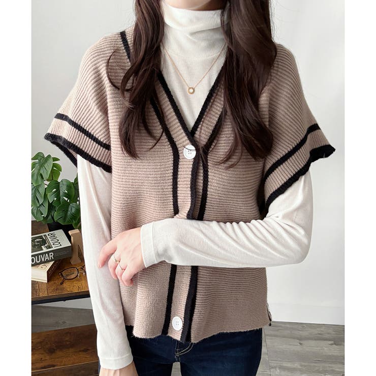 配色ラインVネックボタンニットベスト きれいめ レディース | Amulet | 詳細画像2 