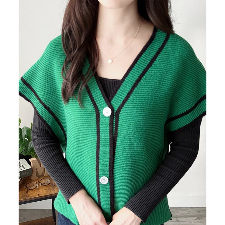 配色ラインVネックボタンニットベスト きれいめ レディース | Amulet | 詳細画像23 