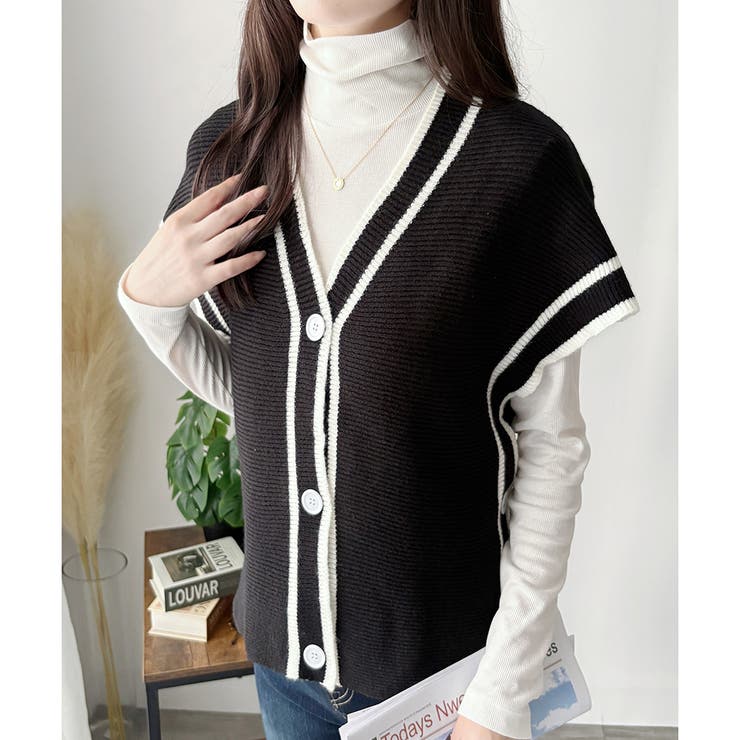 配色ラインVネックボタンニットベスト きれいめ レディース | Amulet | 詳細画像3 