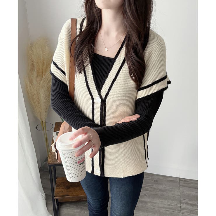 配色ラインVネックボタンニットベスト きれいめ レディース | Amulet | 詳細画像4 