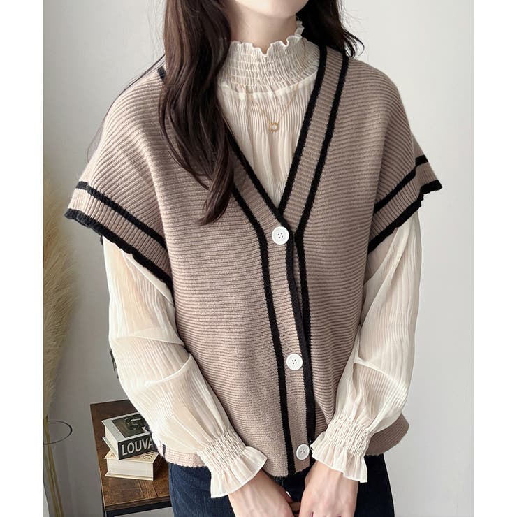 配色ラインVネックボタンニットベスト きれいめ レディース | Amulet | 詳細画像7 