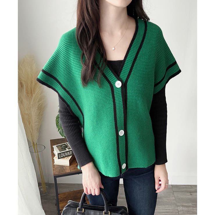 グリーン | 配色ラインVネックボタンニットベスト きれいめ レディース | Amulet