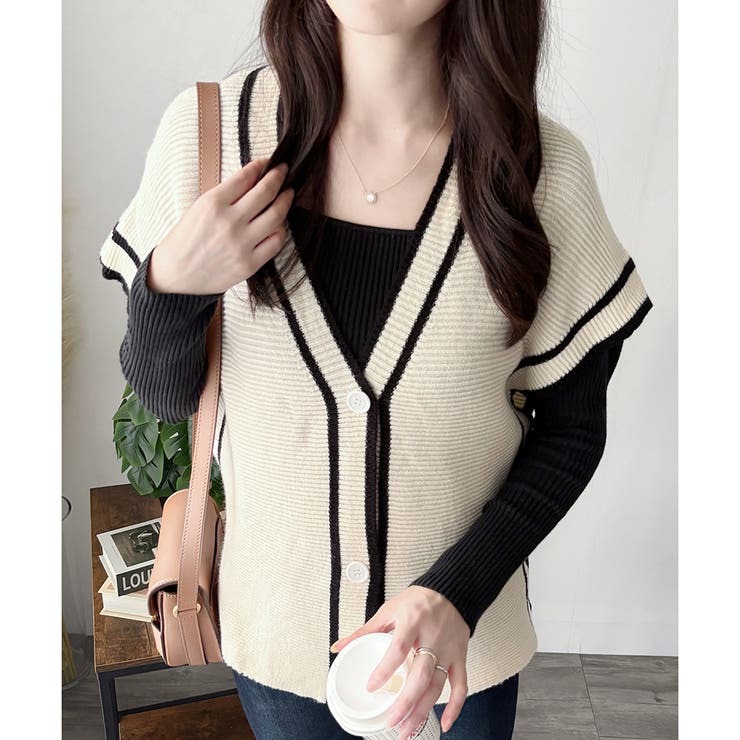 アイボリー | 配色ラインVネックボタンニットベスト きれいめ レディース | Amulet