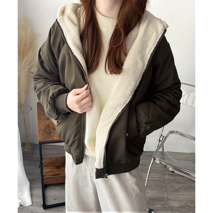 カーキ | リバーシブルフード付きボアブルゾン レディース 秋冬 | Amulet