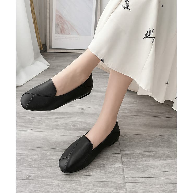 ブラック | スクエアトゥフラットシューズ レディース 楽ちん | Amulet