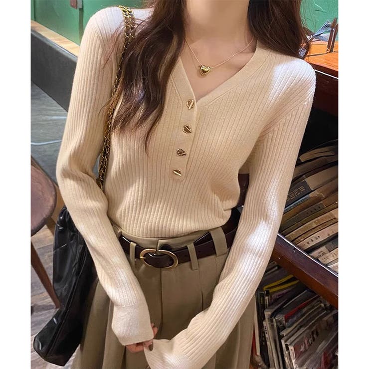 Vネックデザインボタンリブニット レディース 長袖 | Amulet | 詳細画像11 