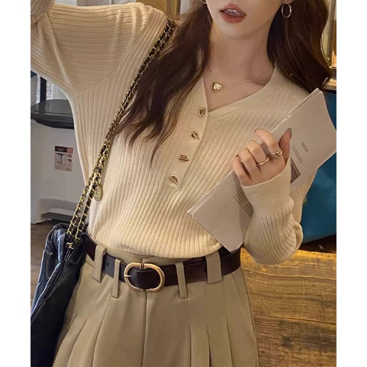 Vネックデザインボタンリブニット レディース 長袖 | Amulet | 詳細画像12 