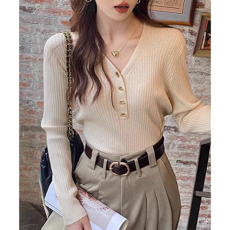 Vネックデザインボタンリブニット レディース 長袖 | Amulet | 詳細画像14 