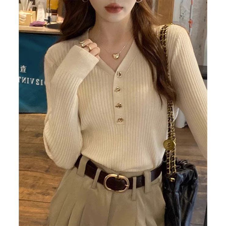 Vネックデザインボタンリブニット レディース 長袖 | Amulet | 詳細画像15 