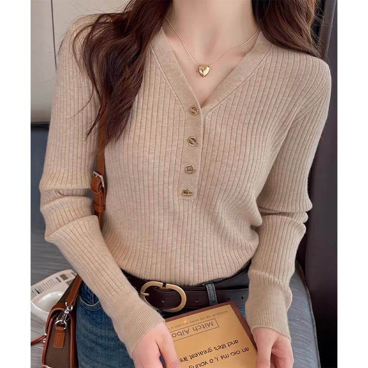 Vネックデザインボタンリブニット レディース 長袖 | Amulet | 詳細画像16 