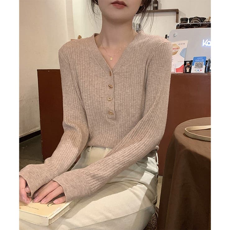 Vネックデザインボタンリブニット レディース 長袖 | Amulet | 詳細画像18 