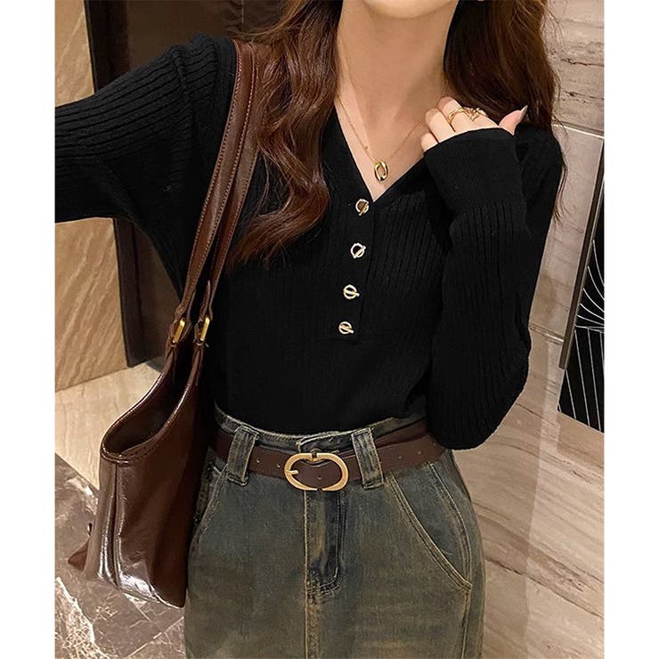 Vネックデザインボタンリブニット レディース 長袖 | Amulet | 詳細画像19 