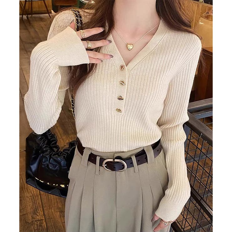 Vネックデザインボタンリブニット レディース 長袖 | Amulet | 詳細画像2 