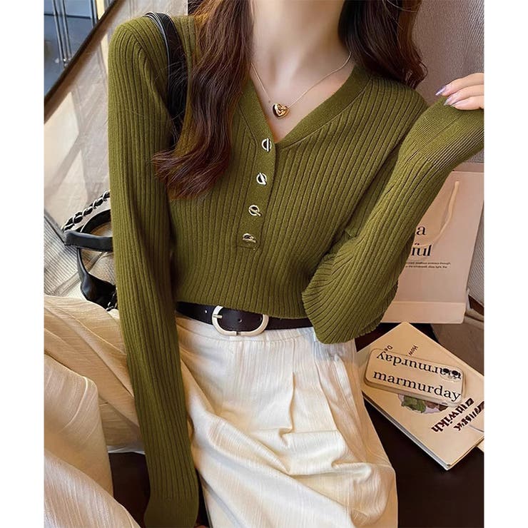 Vネックデザインボタンリブニット レディース 長袖 | Amulet | 詳細画像22 