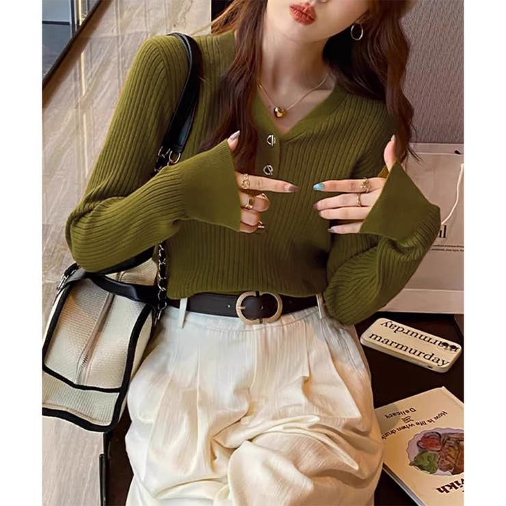 Vネックデザインボタンリブニット レディース 長袖 | Amulet | 詳細画像23 