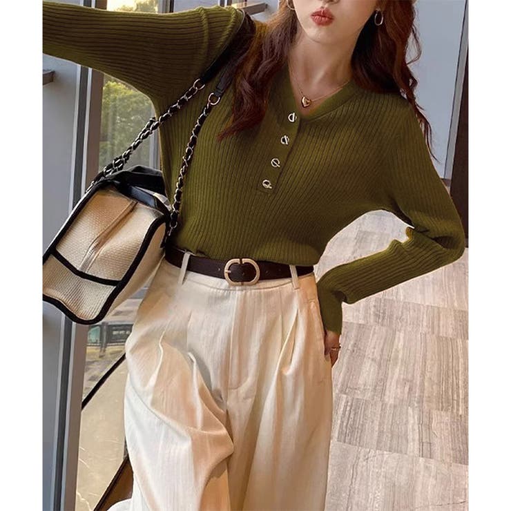 Vネックデザインボタンリブニット レディース 長袖 | Amulet | 詳細画像24 