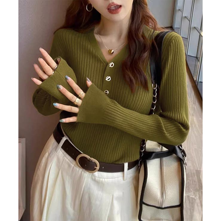 Vネックデザインボタンリブニット レディース 長袖 | Amulet | 詳細画像25 