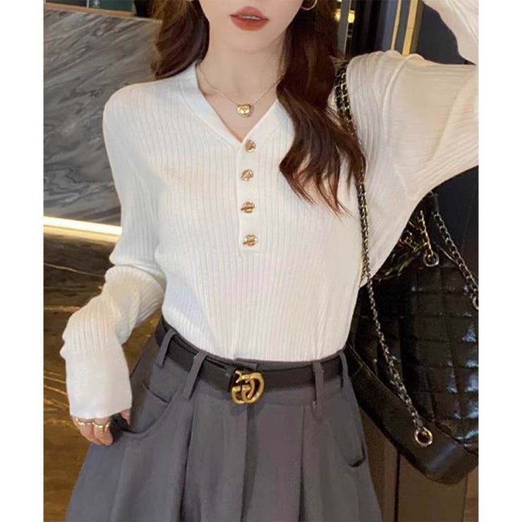 Vネックデザインボタンリブニット レディース 長袖 | Amulet | 詳細画像26 