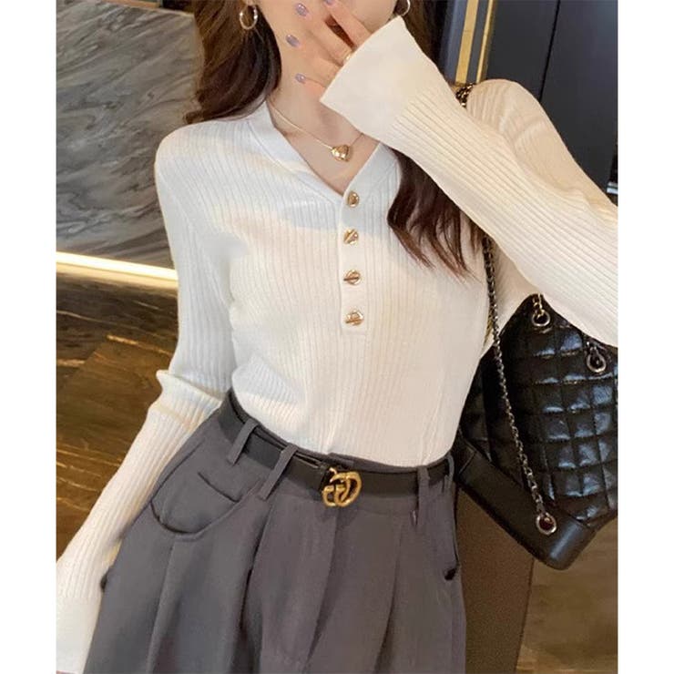 Vネックデザインボタンリブニット レディース 長袖 | Amulet | 詳細画像27 