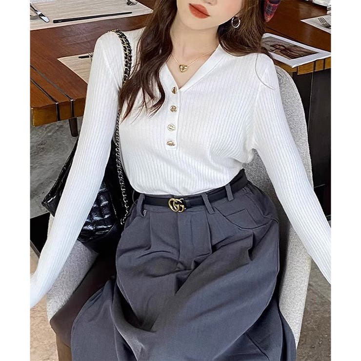 Vネックデザインボタンリブニット レディース 長袖 | Amulet | 詳細画像29 