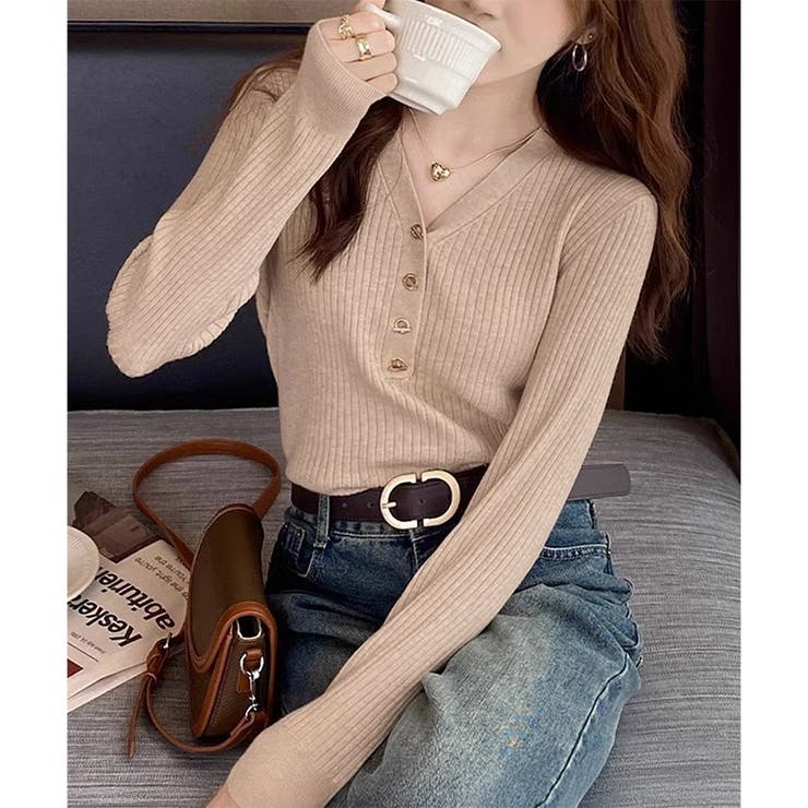 Vネックデザインボタンリブニット レディース 長袖 | Amulet | 詳細画像3 