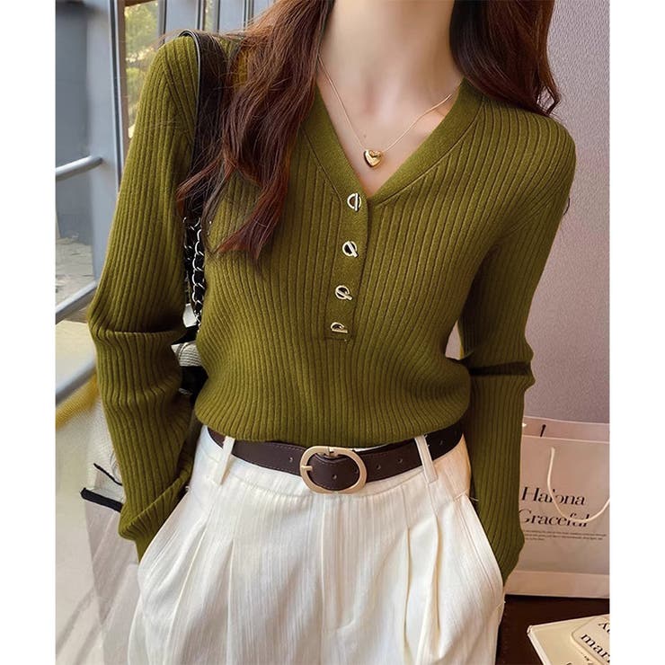 Vネックデザインボタンリブニット レディース 長袖 | Amulet | 詳細画像4 