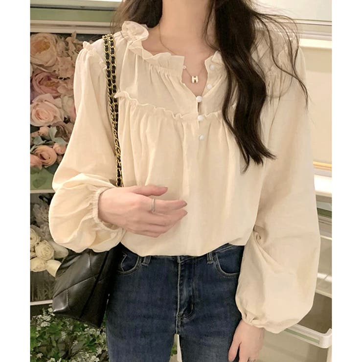 アイボリー | フリルネックボリュームスリーブブラウス レディース 長袖 | Amulet