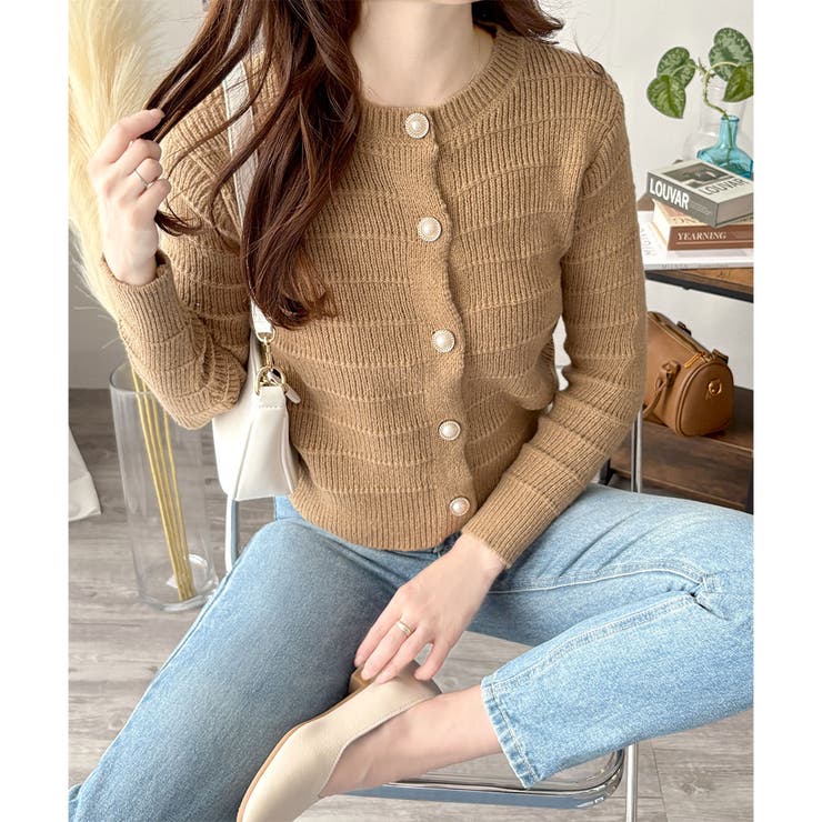 ベージュ | クルーネックニットカーディガン レディース 長袖 | Amulet