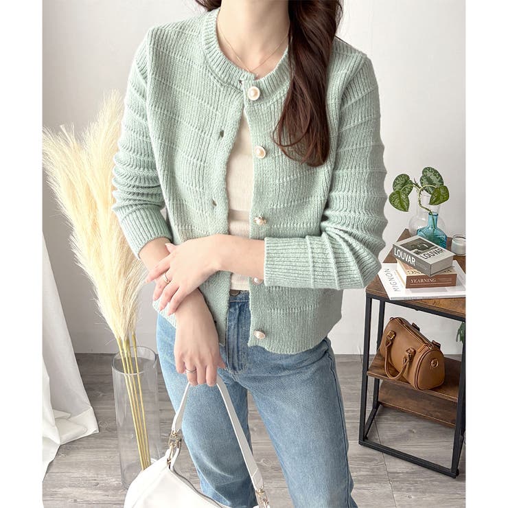 グリーン | クルーネックニットカーディガン レディース 長袖 | Amulet