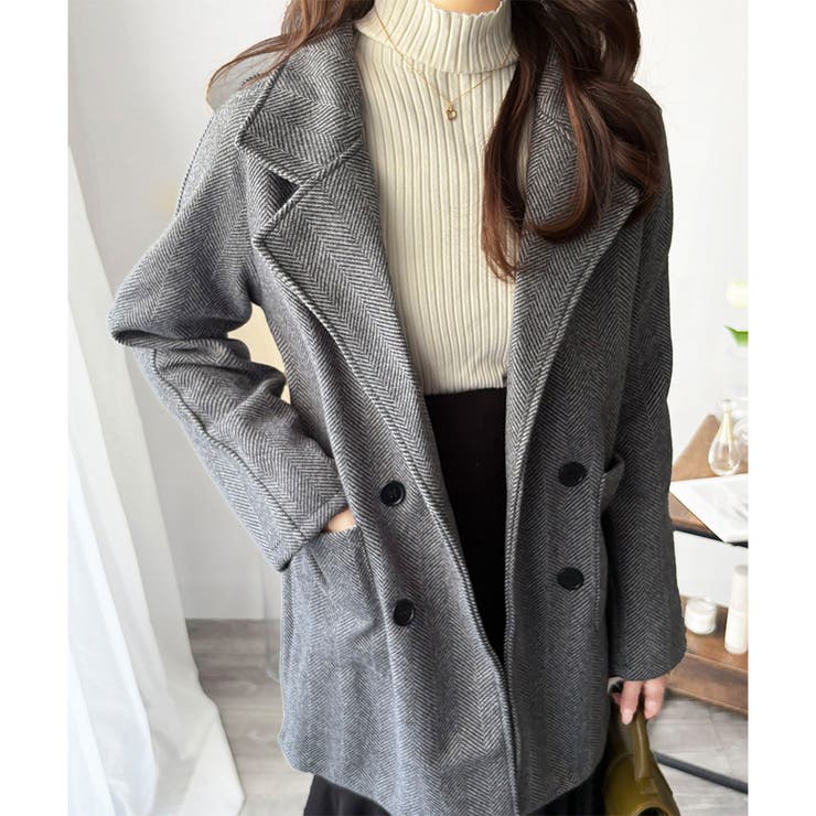 グレー | ミドル丈ヘリンボーン柄チェスターコート レディース 秋冬 | Amulet