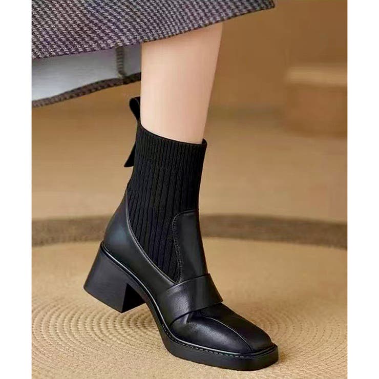 ニット切替スクエアトゥショートブーツ レディース チャンキーヒール | Amulet | 詳細画像11 