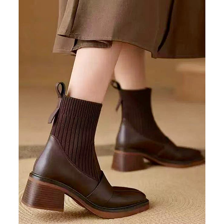 ニット切替スクエアトゥショートブーツ レディース チャンキーヒール | Amulet | 詳細画像16 