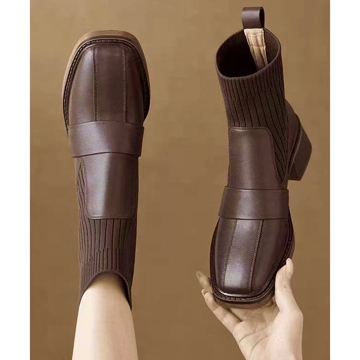 ニット切替スクエアトゥショートブーツ レディース チャンキーヒール | Amulet | 詳細画像17 