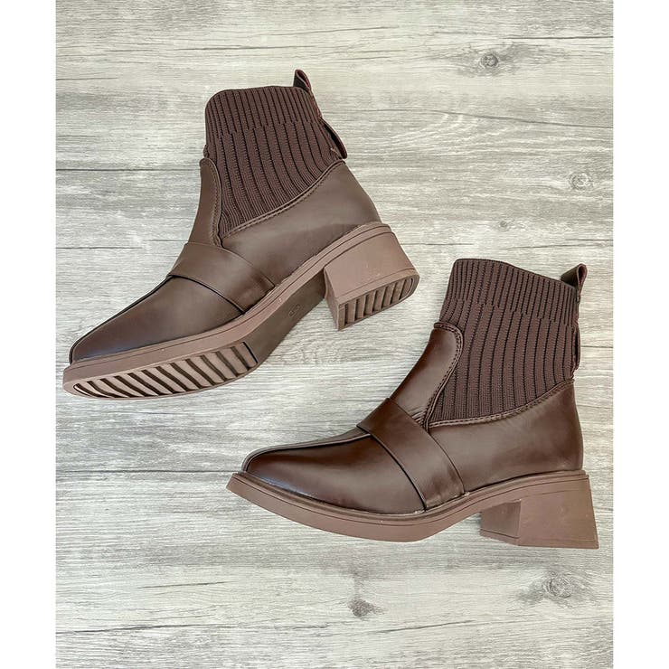 ニット切替スクエアトゥショートブーツ レディース チャンキーヒール | Amulet | 詳細画像18 