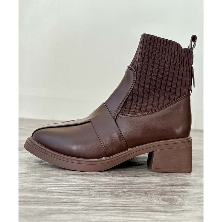 ニット切替スクエアトゥショートブーツ レディース チャンキーヒール | Amulet | 詳細画像19 