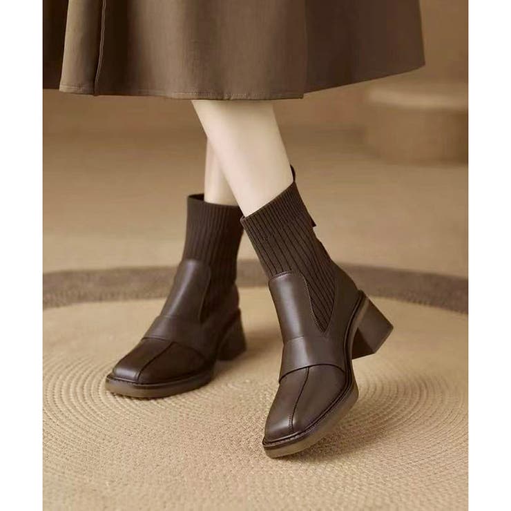 ニット切替スクエアトゥショートブーツ レディース チャンキーヒール | Amulet | 詳細画像2 