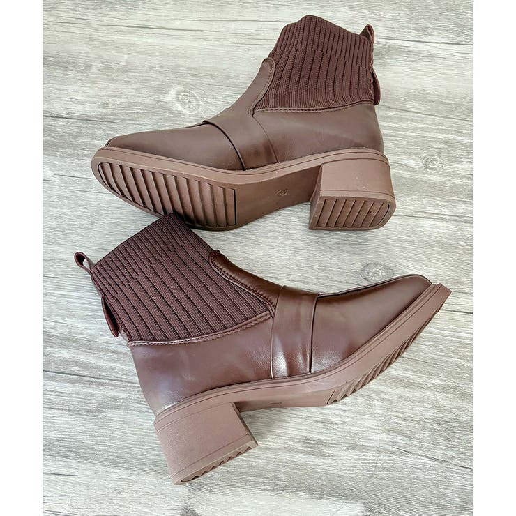 ニット切替スクエアトゥショートブーツ レディース チャンキーヒール | Amulet | 詳細画像20 