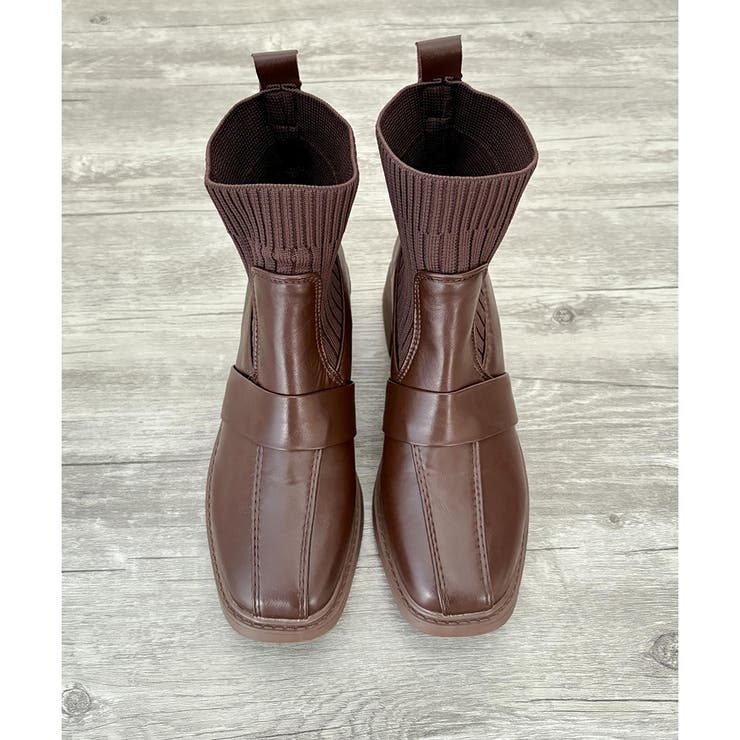 ニット切替スクエアトゥショートブーツ レディース チャンキーヒール | Amulet | 詳細画像22 