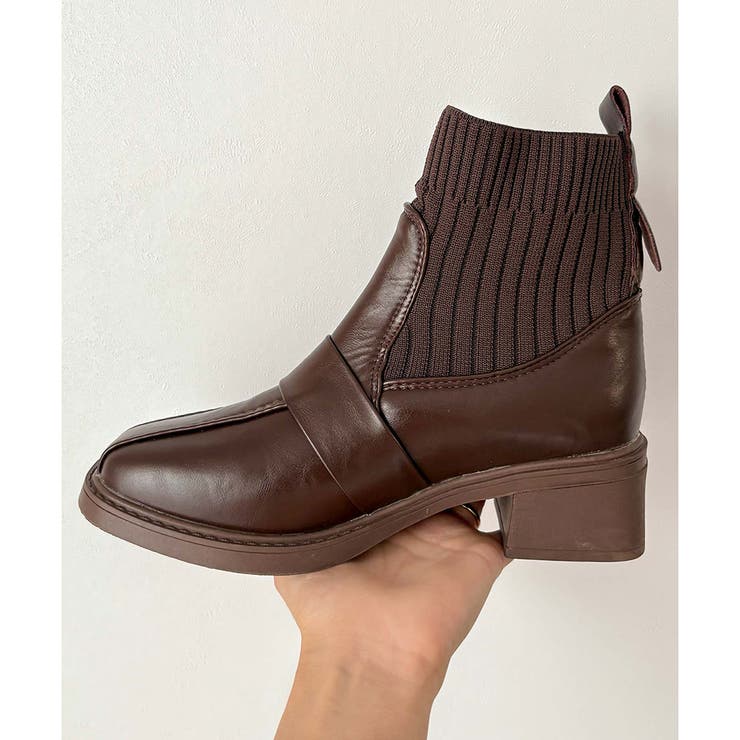 ニット切替スクエアトゥショートブーツ レディース チャンキーヒール | Amulet | 詳細画像23 