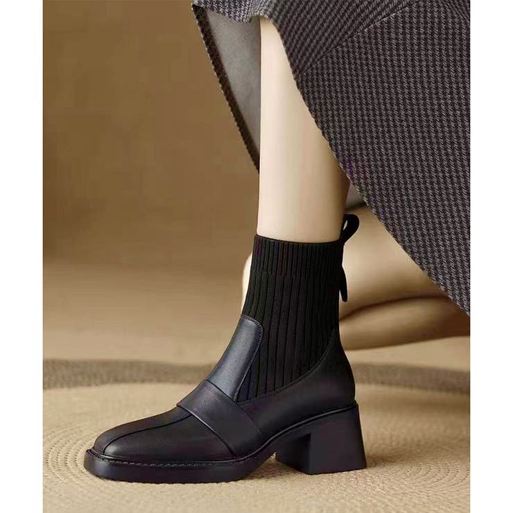 ニット切替スクエアトゥショートブーツ レディース チャンキーヒール | Amulet | 詳細画像3 