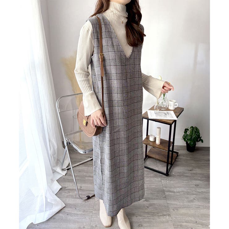 チェック柄Vネックロングジャンパースカート レディース 春秋冬 | Amulet | 詳細画像10 
