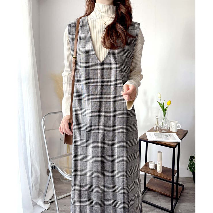 チェック柄Vネックロングジャンパースカート レディース 春秋冬 | Amulet | 詳細画像11 