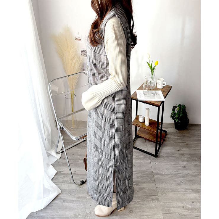 チェック柄Vネックロングジャンパースカート レディース 春秋冬 | Amulet | 詳細画像12 