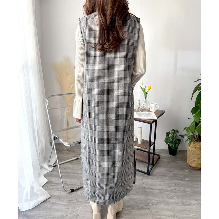 チェック柄Vネックロングジャンパースカート レディース 春秋冬 | Amulet | 詳細画像13 