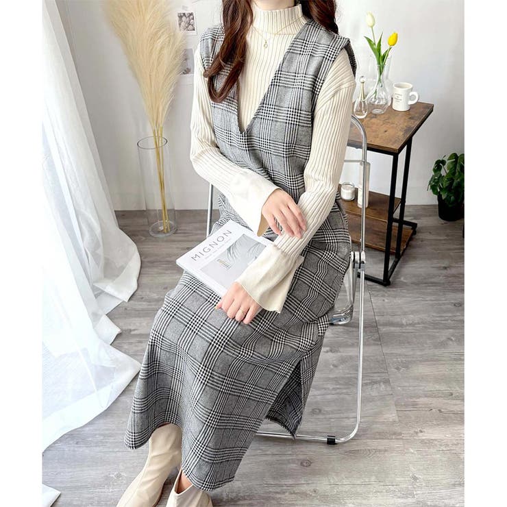 チェック柄Vネックロングジャンパースカート レディース 春秋冬 | Amulet | 詳細画像14 