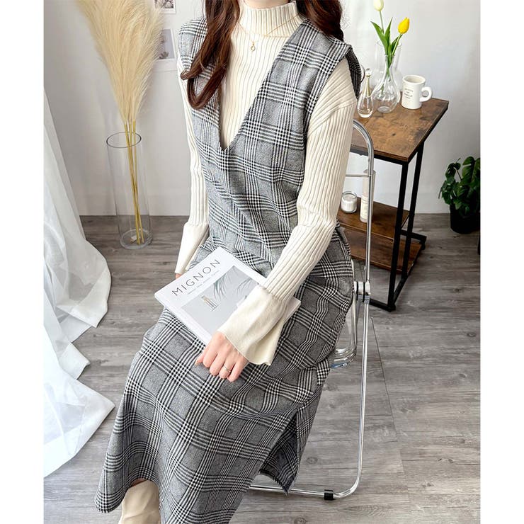チェック柄Vネックロングジャンパースカート レディース 春秋冬 | Amulet | 詳細画像15 