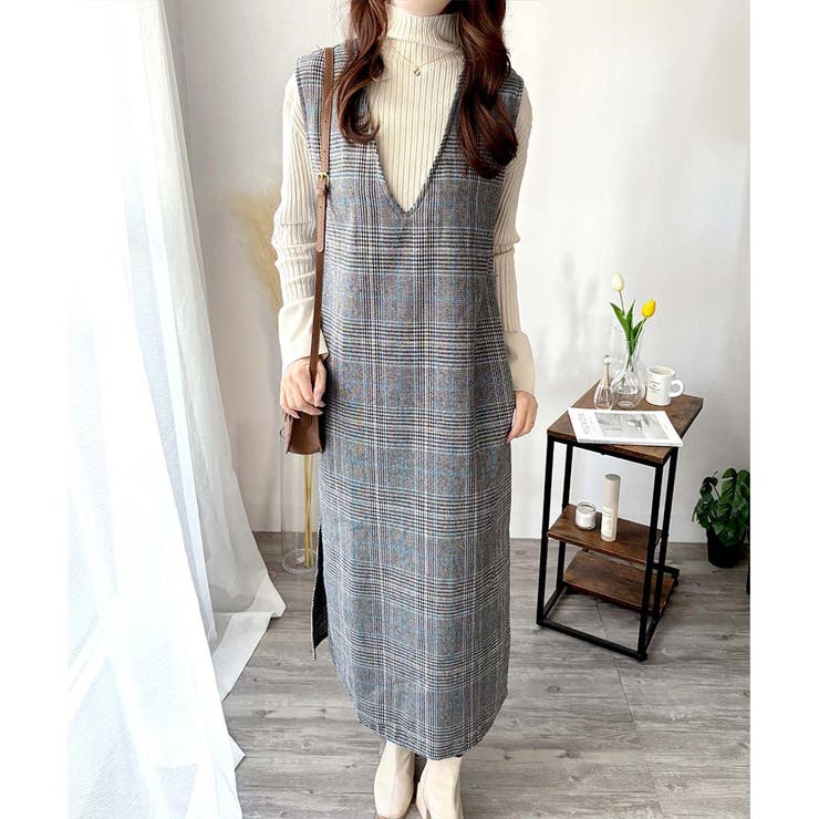 チェック柄Vネックロングジャンパースカート レディース 春秋冬 | Amulet | 詳細画像16 