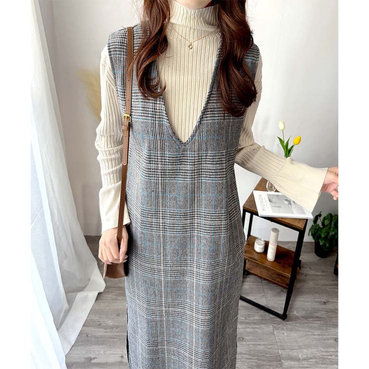 チェック柄Vネックロングジャンパースカート レディース 春秋冬 | Amulet | 詳細画像19 