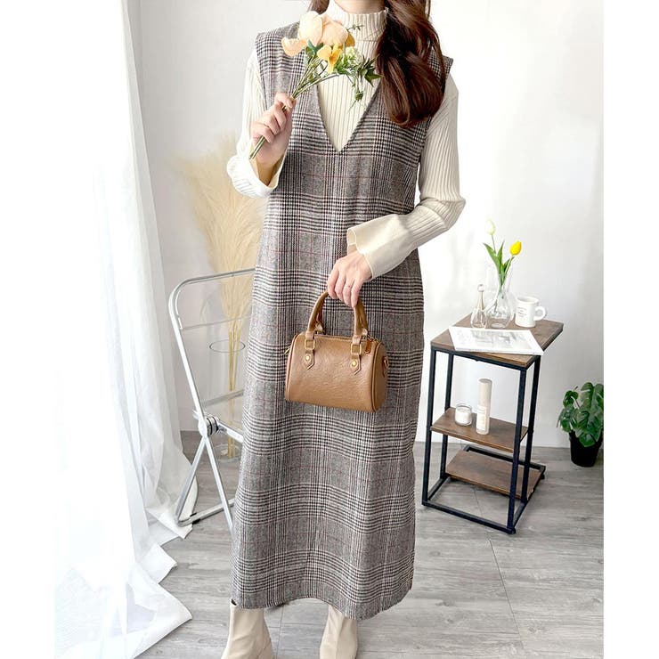 チェック柄Vネックロングジャンパースカート レディース 春秋冬 | Amulet | 詳細画像2 