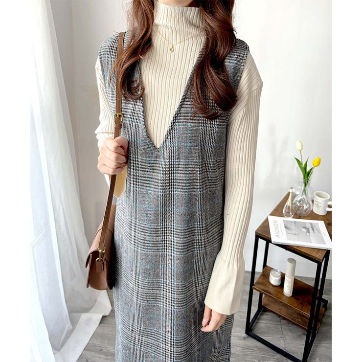 チェック柄Vネックロングジャンパースカート レディース 春秋冬 | Amulet | 詳細画像20 